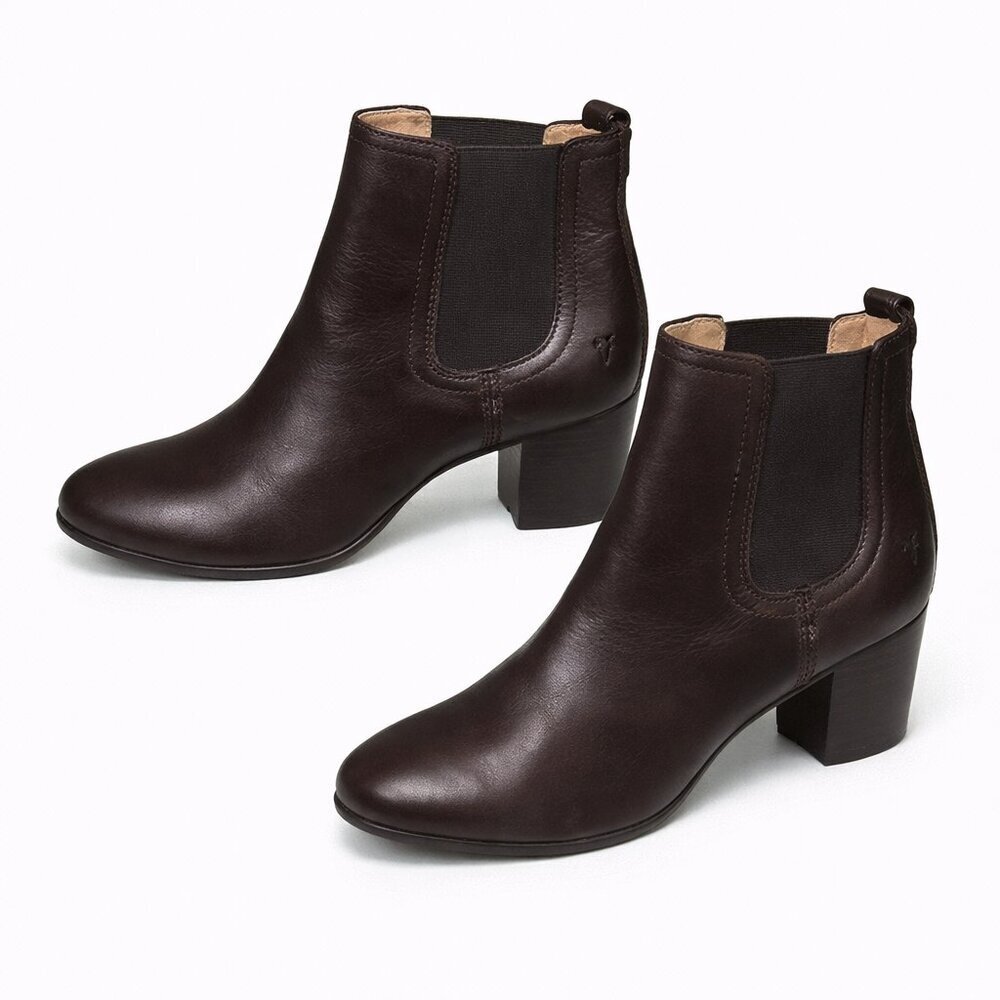 FRYE Chelsea Leather Block‑Heel Brown Ankle Booties · 8.5 * Boho Minimalist Chic